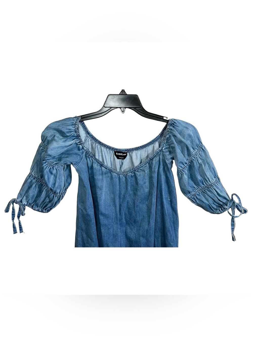 Bebe Off-The-Shoulder A-Line Mini Short Sleeve Dress Women’s Size M Blue - Picture 2 of 5